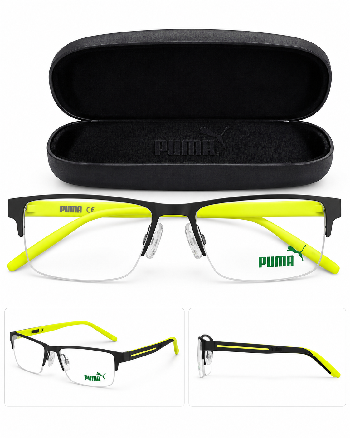PUMA Sportbrille – Schwarz mit farbigen Bügeln – inkl. Etui