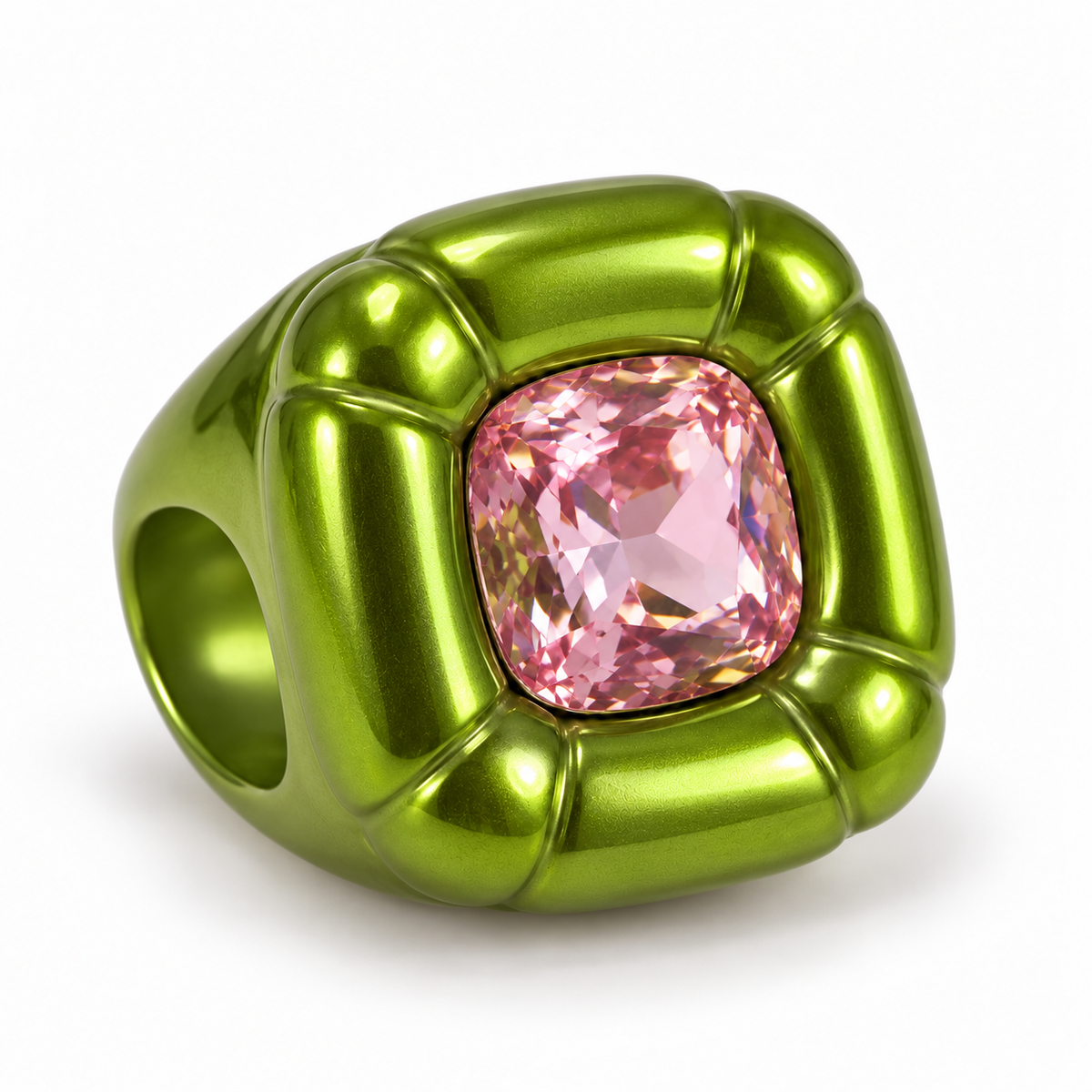 Statement-Ring Grün mit rosa Kristall – getragen, sehr guter Zustand